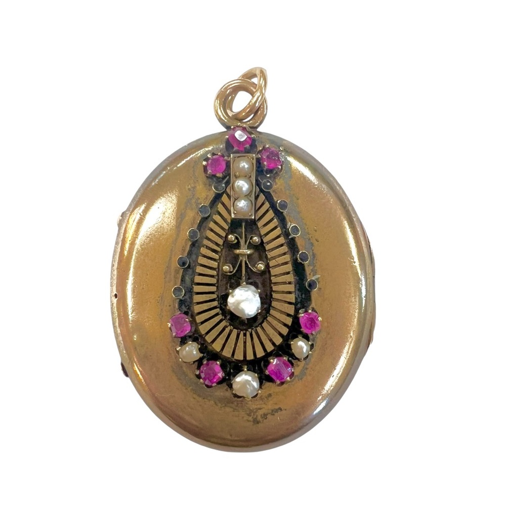 Victorian Locket Pendant with faux Rubies and Pearls in gold tone
